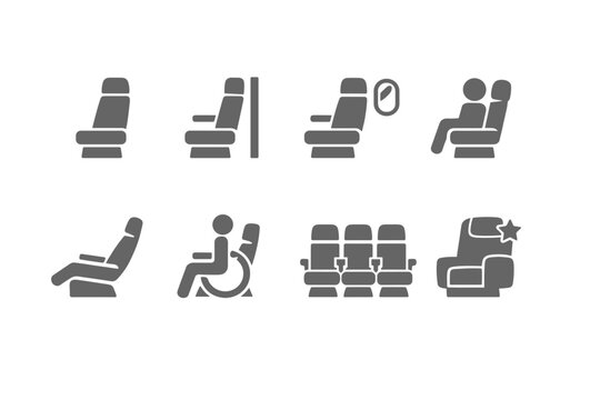 Airplane Seating Icon Set Featuring Single Seat, Aisle, Window, Occupied, Reclining, Accessible Wheelchair, Group Row, and Premium First Class Options for Airline Travel and Flight Booking Maps