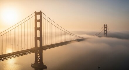 Obraz premium Suspension bridge at sunset with fog and golden light