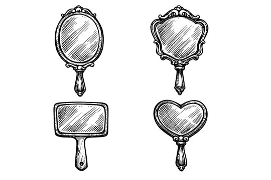 Set of four vintage hand mirrors in classic shapes like heart, oval, and ornate frames, hand-drawn in a detailed black ink sketch style for antique vanity, beauty, and accessory illustrations.
