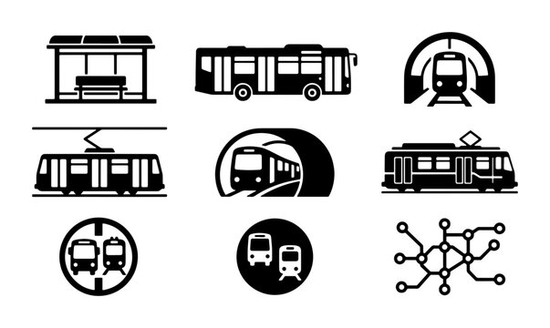 Public transport icons set, black subway and bus vector elements, urban transit system symbols, 9 city commute graphics for maps and apps