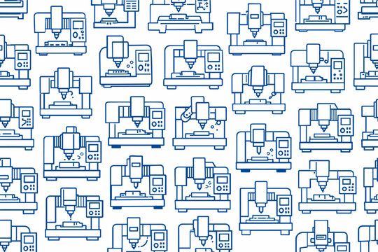 Seamless pattern of blue outline icons of automated CNC milling machines. Industrial manufacturing equipment background for engineering, metalworking, and factory automation design projects.
