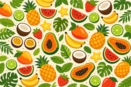 Seamless Tropical Fruit Pattern Background with Pineapple, Mango, Papaya, Watermelon, Banana, Strawberry, Coconut, Lime, Passion Fruit, Starfruit and Monstera Leaves Flat Vector Illustration