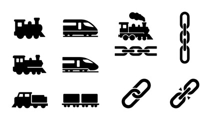 Train and railway icon set, black locomotive and steam engine silhouettes, metal chain link symbols, transportation and logistics vector collection © Roja