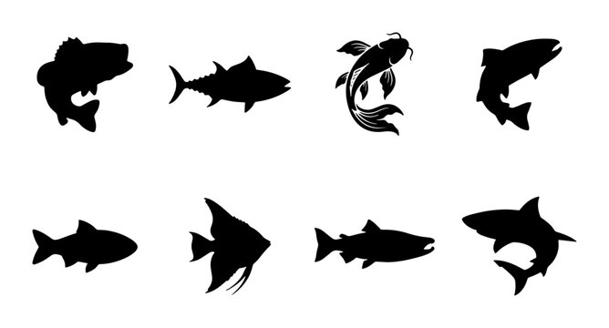Black fish silhouette collection, set of 8 aquatic animal icons, marine life vector graphics for fishing logos and ocean conservation branding
