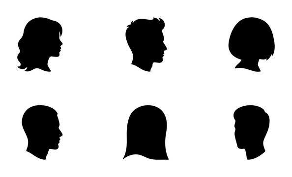 Minimalist human head silhouettes, set of 6 profile avatar icons, black side view portraits of men and women for user interface design