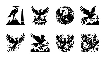 Fototapeta premium Mythical phoenix bird icons set, black silhouette firebird and eagle symbols, 8 vector graphic elements for logo design and branding