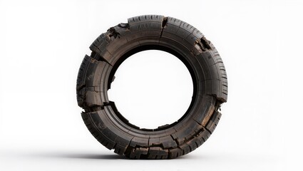 Fototapeta premium Worn damaged tire with cracks isolated on white background