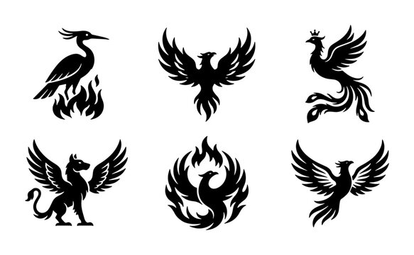 Mythical phoenix bird silhouettes set, 6 black fire bird vector icons, legendary griffin and firebird illustrations for logo design and branding