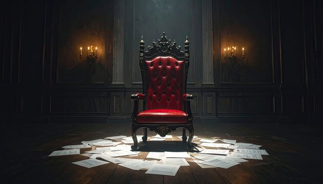 Red Leather Ornate Throne in Dark, Regal Room with Scattered Papers