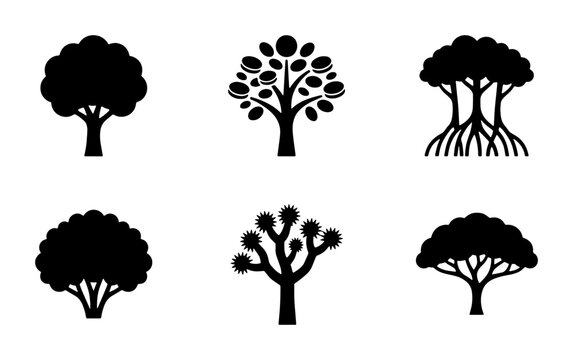Minimalist tree icons set, black silhouette forest plant collection, flat vector nature symbols for landscape design and environmental branding