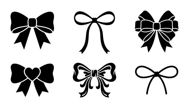 Black ribbon bow silhouette icons, set of 6 decorative gift bows, elegant knot vector elements for wedding invitations and holiday packaging