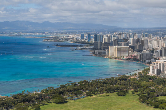 Waikiki skyline and coastline viewed from Diamond Head, Honolulu, Hawaii