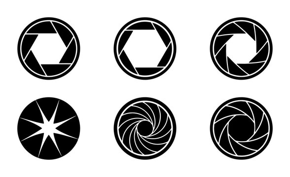 Camera shutter aperture icons set, black photography lens diaphragm vector elements, 6 minimalist optical iris symbols for video and photo branding