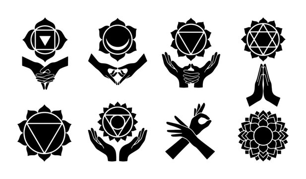Sacred chakra symbols and mudra hand gestures set, black spiritual yoga icons, meditation energy centers and healing hand positions vector collection