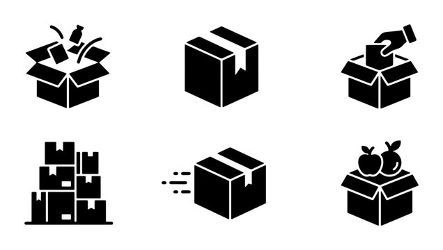 Logistics and shipping box icon set, black solid delivery package symbols, 6 vector elements for warehouse and e-commerce storage tracking