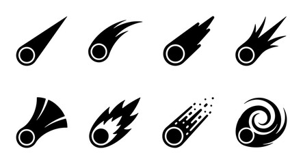 Meteor and comet icon set, 8 black celestial body silhouettes, falling asteroid and fireball vector graphics for space science and astronomy projects © YusraSultana