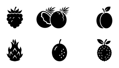 Minimalist black fruit icon set, 6 tropical fruit vector silhouettes, flat graphic berry and exotic fruit collection for food packaging and menus © YusraSultana