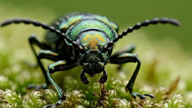 Macro photography of a shiny metallic green beetle crawling on a bed of moss in nature.