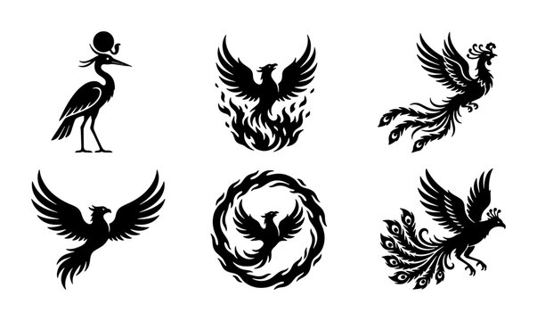 Mythical phoenix bird silhouettes, set of 6 black firebird vector icons, ancient Egyptian Bennu and legendary fire bird symbols for logos and tattoos