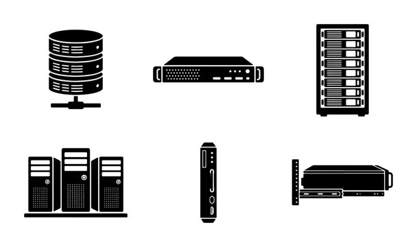 Data server icon set with 6 black vector elements, computer network hardware symbols, database storage and hosting equipment illustrations