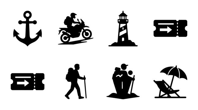 Minimalist travel icons set, black silhouette adventure symbols, 8 vector elements for tourism and vacation planning, outdoor recreation graphics
