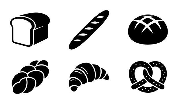 Bakery bread icon set, black silhouette of 6 bakery products, baguette croissant and pretzel vector illustrations for cafe menus and branding