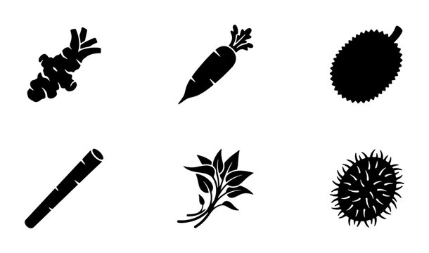 Minimalist black silhouette vegetable and fruit icons, set of 6 flat vector elements including carrot, wasabi, and rambutan for food menu design