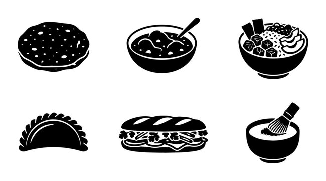 Black and white food icons set, 6 minimalist restaurant meal vector illustrations, flat solid silhouette symbols of ramen, sandwich, and soup