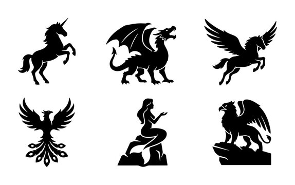 Mythical creatures silhouette set, 6 fantasy monster icons, black dragon unicorn and mermaid vector, griffin phoenix and pegasus heraldry symbols