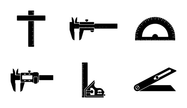 Precision measuring tools icon set, black silhouette engineering instruments, 6 vector elements for technical drawing and carpentry construction