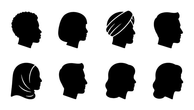 Diverse people profile silhouettes, set of 8 multicultural human head icons, inclusive community avatar vector collection for social media and web design