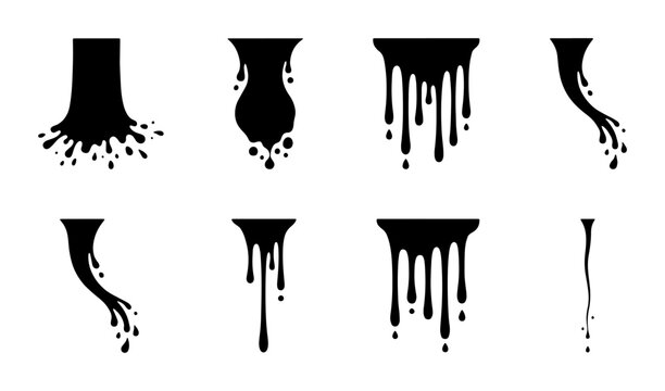 Black dripping liquid silhouettes, set of 8 ink splash and paint drip vector elements, melting oil and slime droplets for graphic design
