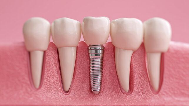 dental implant tooth replacement concept with crown and gum close up