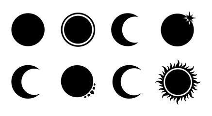 Celestial moon phase icons set, black lunar cycle silhouettes with sun and solar eclipse, 8 vector astronomical elements for astrology and space design © Abid