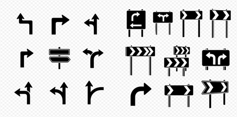 Collection of various black and white arrow road signs and traffic direction indicators for navigation and guidance. © Adji