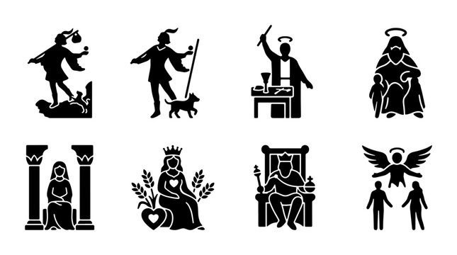 Medieval tarot card icons set, black silhouette mystical occult symbols, 8 spiritual divination glyphs, esoteric royalty and mythology vector elements