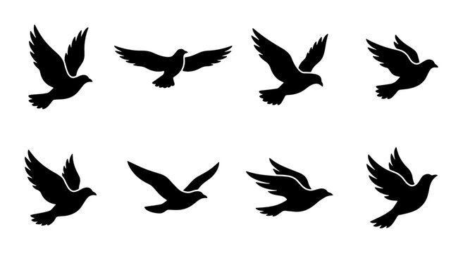 Flying dove silhouettes set, black bird icons in flight, 8 vector pigeon elements for peace and wedding designs, minimalist avian wing graphics