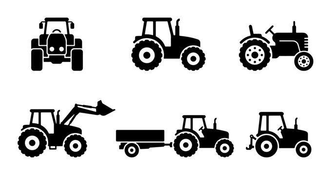 Agricultural tractor silhouettes set, heavy farm machinery icons in black vector, industrial farming equipment with trailer and loader elements