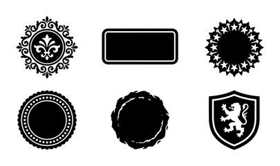 Vintage heraldic emblems and frames set, black silhouette royal badges with lion and fleur de lis, 6 vector decorative labels for branding © Jeba