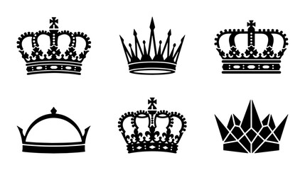 Royal crown silhouettes set, 6 black heraldic crowns and tiaras, vintage king and queen headwear icons, majestic imperial coronet vector collection © Rashedur