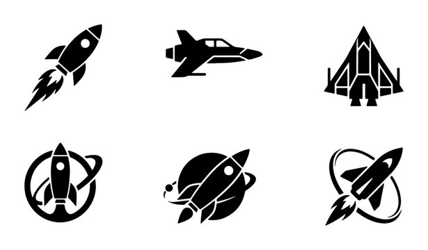 Spaceship and rocket icon set, black solid vector silhouettes of 6 spacecraft and shuttle elements, futuristic aerospace and galaxy exploration symbols