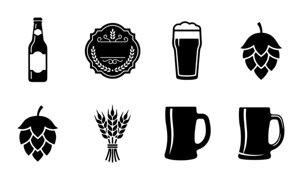 Vintage brewery icons set with 8 black vector elements, craft beer bottle and glass silhouettes, hop cones and wheat stalks for pub branding