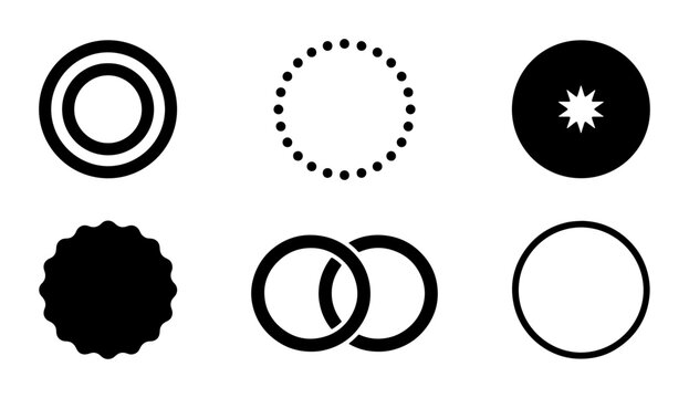 Minimalist black circle icons set, geometric round vector shapes, 6 abstract circular symbols for logo design and branding identity