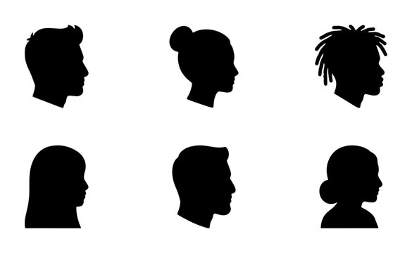Minimalist human head profile silhouettes, set of 6 diverse people avatar icons, black side view face vector illustrations for user profiles