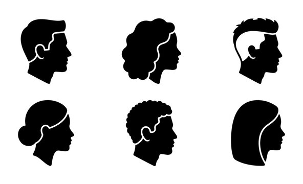 Minimalist profile silhouettes of diverse people, set of 6 human head icons in side view, black flat vector avatars for user interface design