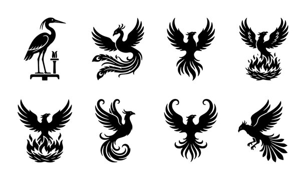 Mythical phoenix bird silhouettes set, 8 black heraldic eagle and heron icons, fantasy fire bird vector collection for logo design and tattoos