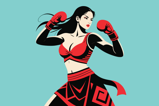 Beautiful Woman Muay Thai Fighter Vector Illustration Creative Design Template 
