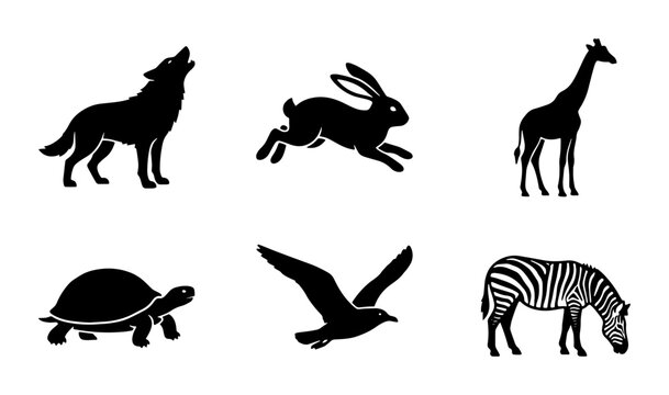 Wild animal silhouettes collection, set of 6 black vector icons, wolf rabbit giraffe turtle bird and zebra graphics for nature logos and branding