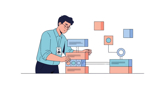 Man building blocks, workflow, process, development, IT, technology, business concept