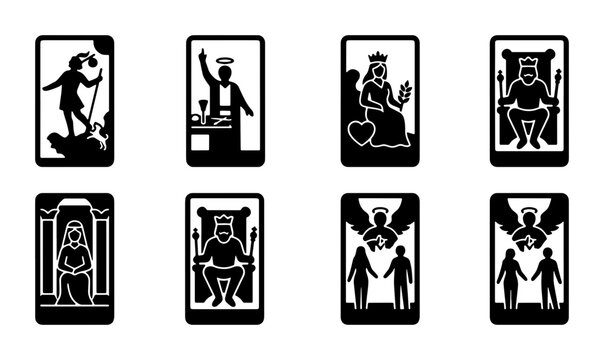 Mystical tarot card icons set, black and white occult deck symbols, major arcana vector illustrations for fortune telling and divination apps